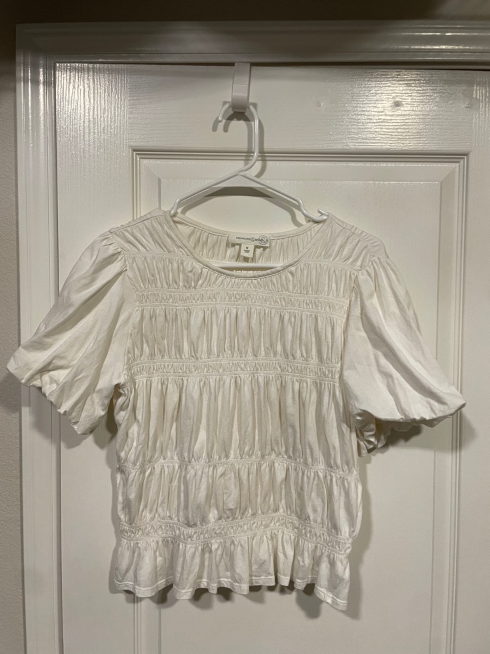 Treasure & Bond Cream Smocked Puff Sleeve Top